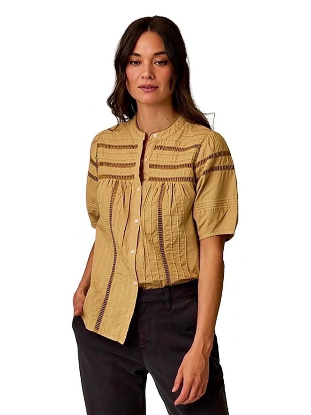 Carve Designs Textured Button Front Top in Tan/Yellow Size Medium